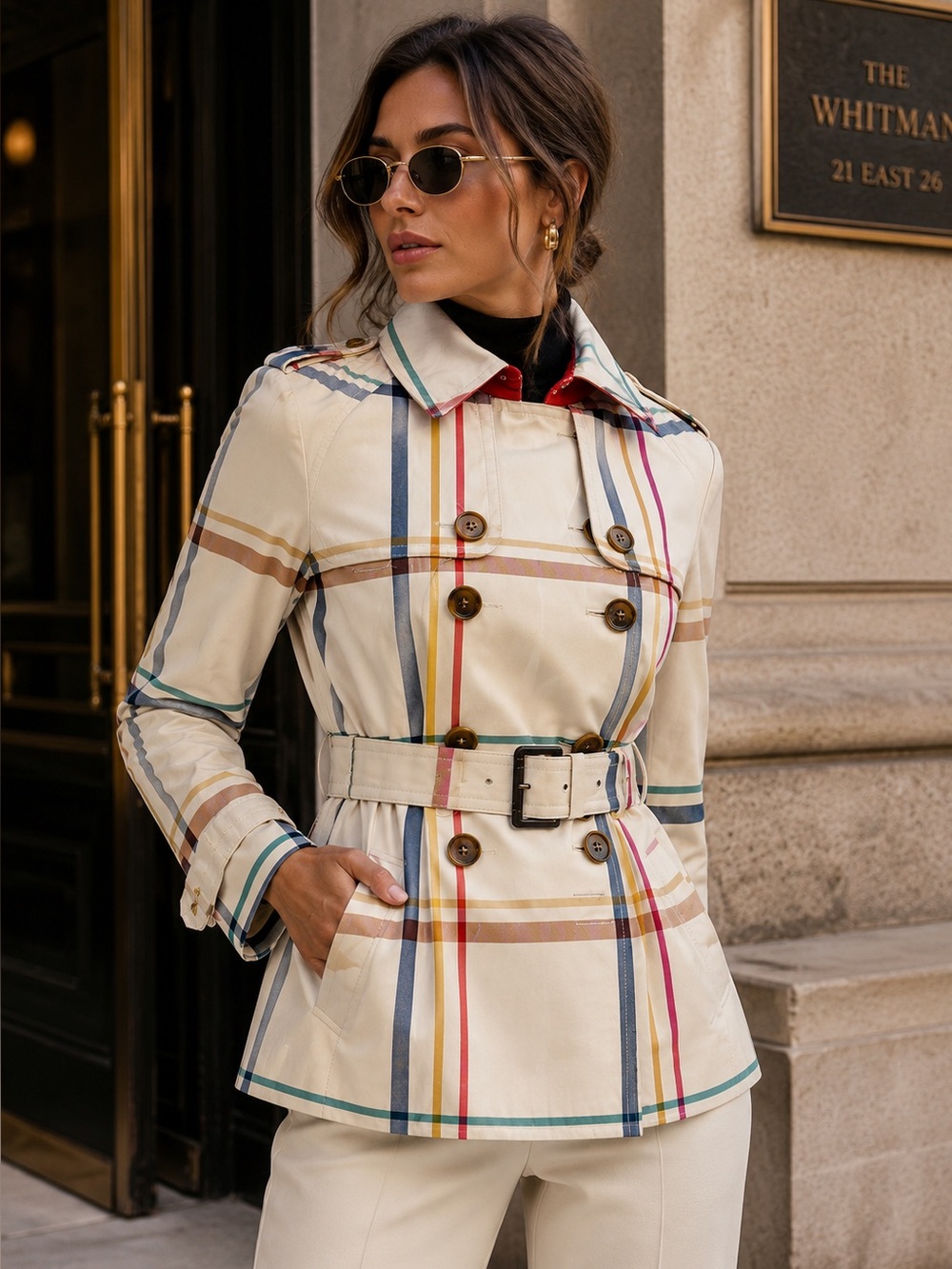 Coach Plaid Belted Trench Coat Women’s Medium Cream Multicolor Double Breasted
